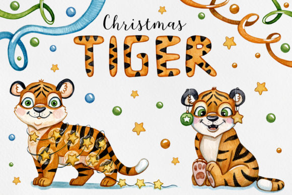Download Watercolor Set Tiger Xmas Illustrations - Illustration Collection
